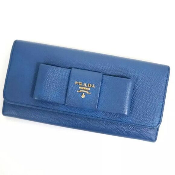 Prada Saffiano Leather Blue Ribbon Gold Long Wallet Guaranteed 100% Authentic - Picture 1 of 8